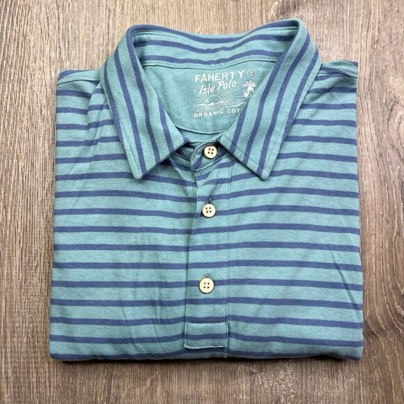 FAHERTY Isle Polo Shirt Organic Cotton Blue Striped Men’s Size L Large Set - Picture 1 of 9